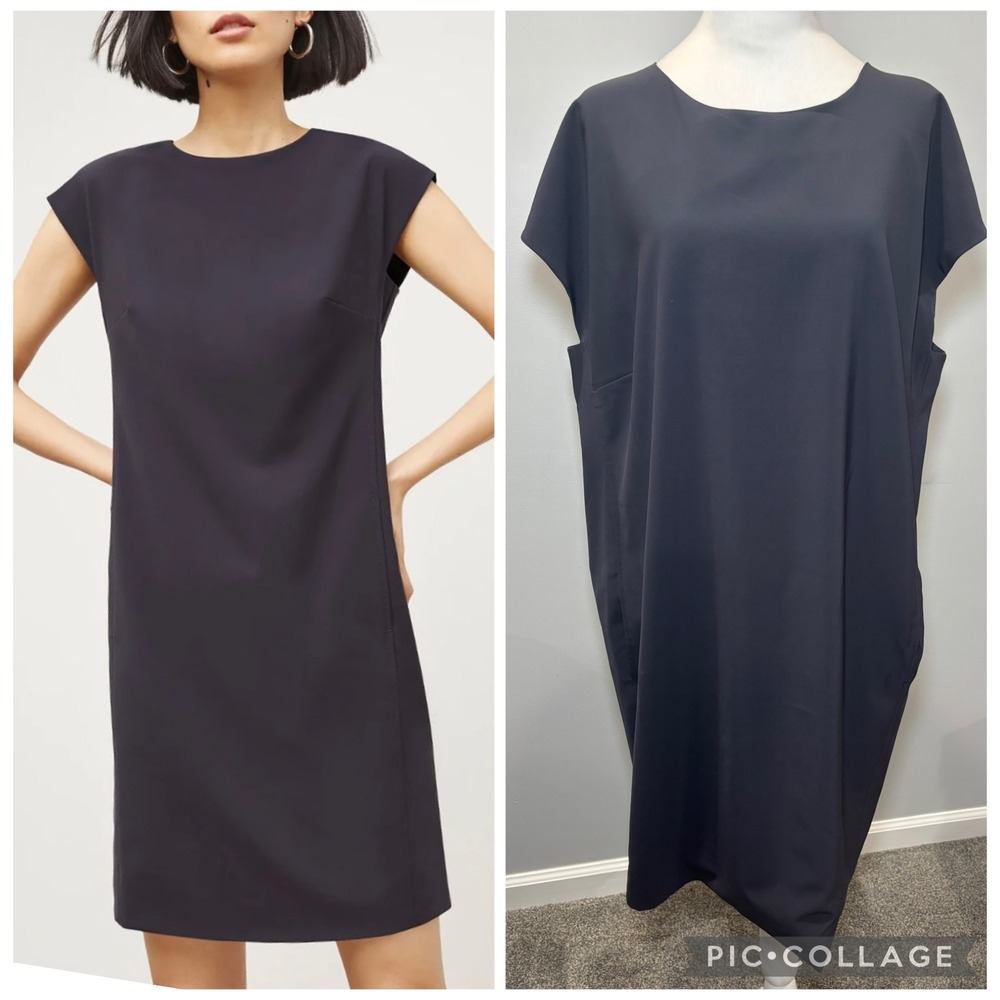 MM LaFleur Maaza Travel Dress 18 Navy Shift Cap Sleeve Pockets Machine Washable